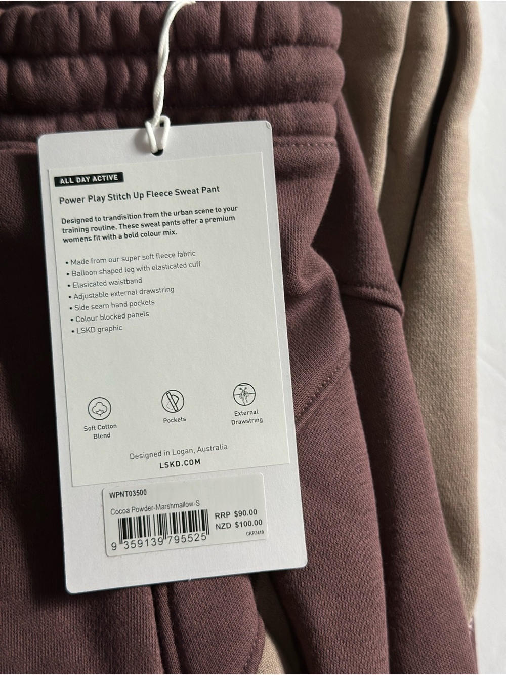 LSKD Power Play Stitch Up Fleece Sweat Pant In Cocoa Powder/Marshmallow NWT - Picture 7 of 8